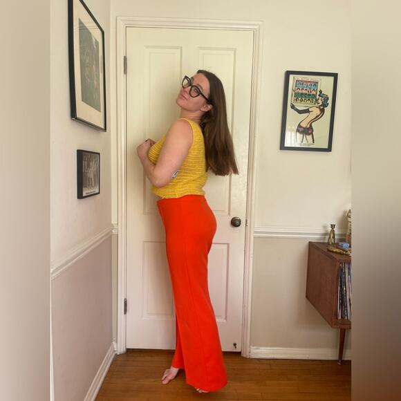 70s Vintage Double Knit Bright Orange Polyester Kick Flares - Picture 3 of 13